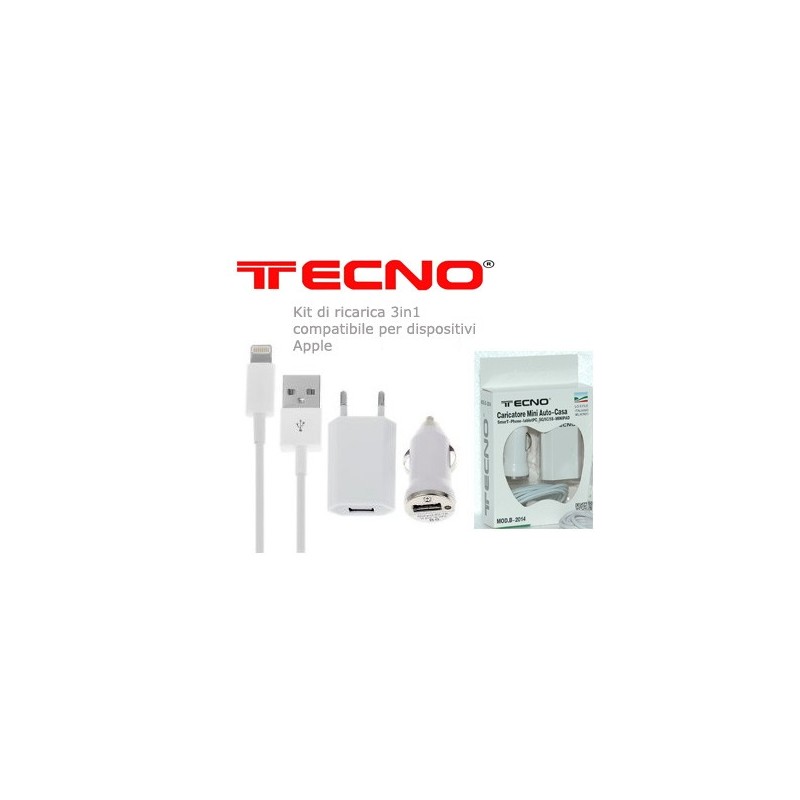 TECNO KIT DI RICARICA HOME E CAR PER IPHONE 5/6/7 CAVO FLAT BLACK B-2