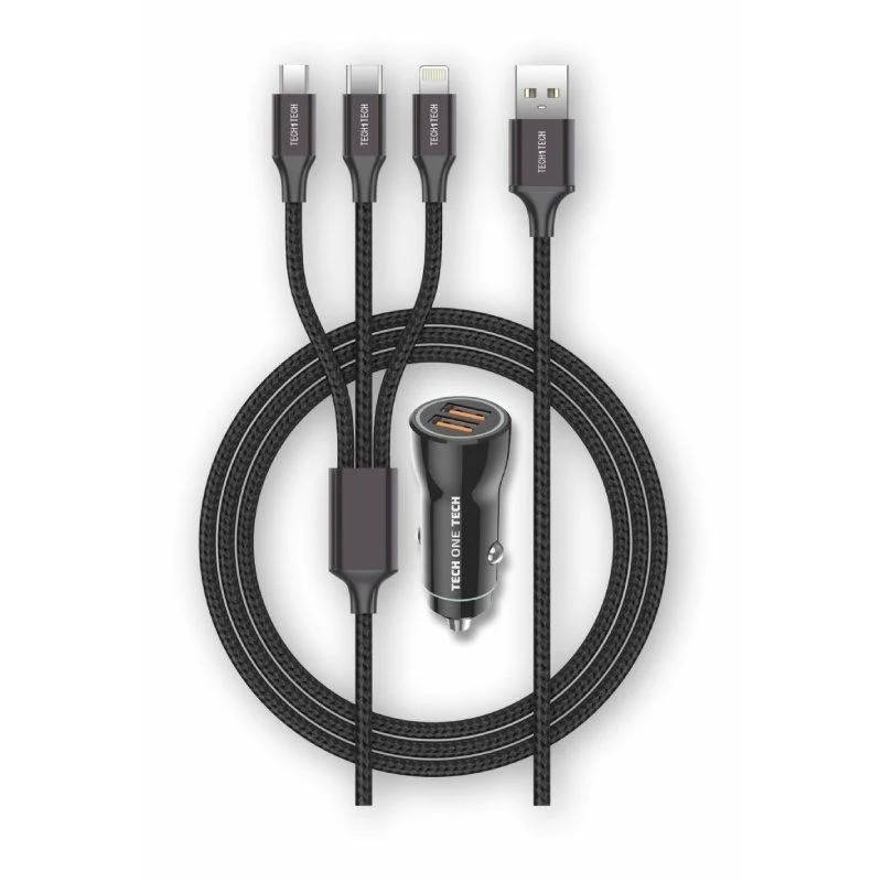 Caricabatteria da auto TechOneTech 2x Cavo USB-A 3 in 1 MicroUSB Lig