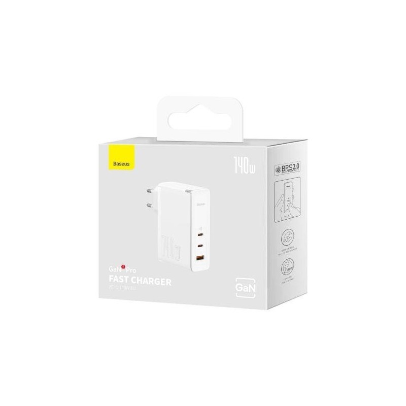 Baseus Travel Charger GaN5 Pro Fast wall charger, C+C+U, 140W White E