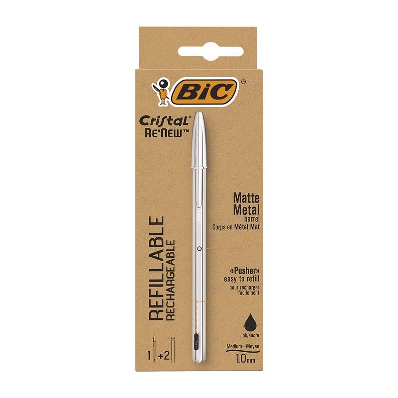 BIC Cristal Re'New Penna Ricaricabile Nera a Sfera Fusto in Metallo