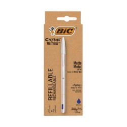 BIC Cristal Re'New Penna Ricaricabile Blu a Sfera Fusto in Metallo