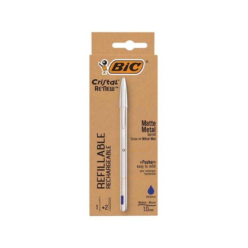 BIC Cristal Re'New Penna Ricaricabile Blu a Sfera Fusto in Metallo