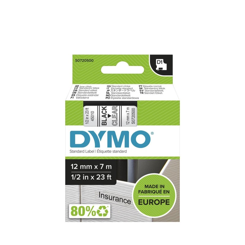 DYMO D1 - Standard Etichette - Nero su trasparente - 12mm x 7m Dymo