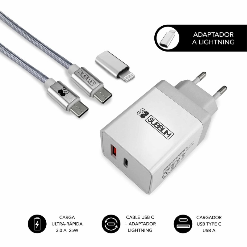 Subblim Cargador de Pared 25W - 2 Puertos (USB C + USB A) - Carga ult