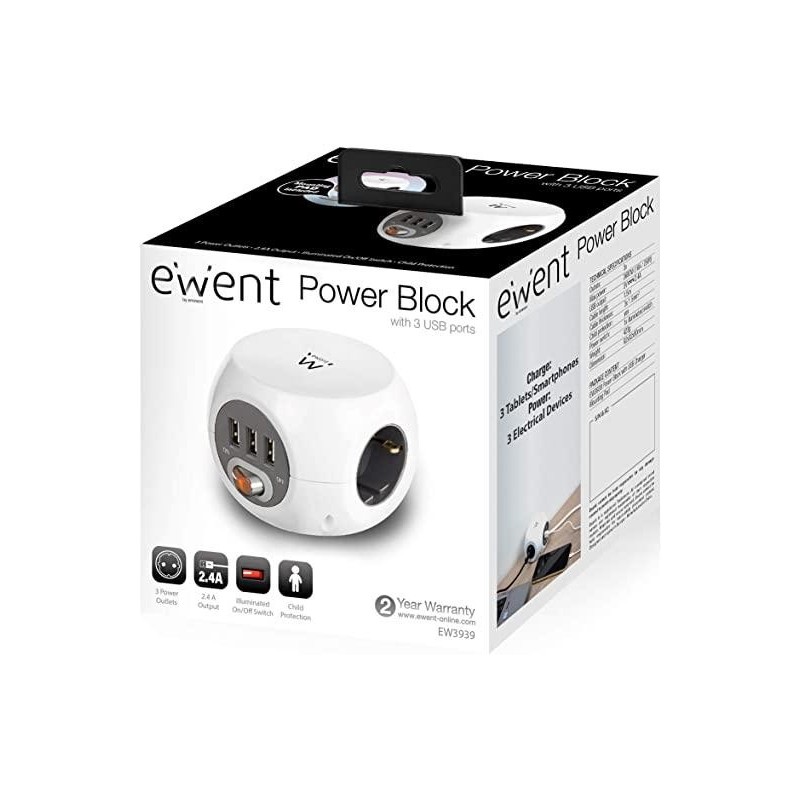 Ewent EW3939 REGLETA CUBO 3 TOMAS/3 USB BLANCO