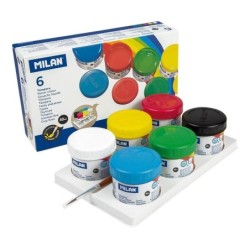 Milan Pack de 6 Botes de Tempera 40ml + 1 Pincel Serie 101 - Secado R