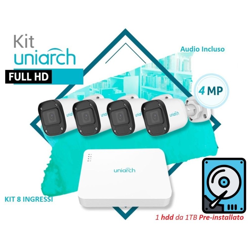 KIT UNIARCH 8 Canali PoE con 1 HDD installato, 4 Bullet 4MP