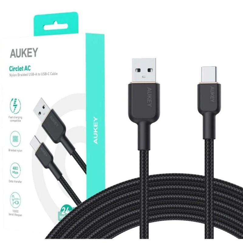 Aukey Nylon Braided USB-A to USB-C Cable, 1.8m - Black