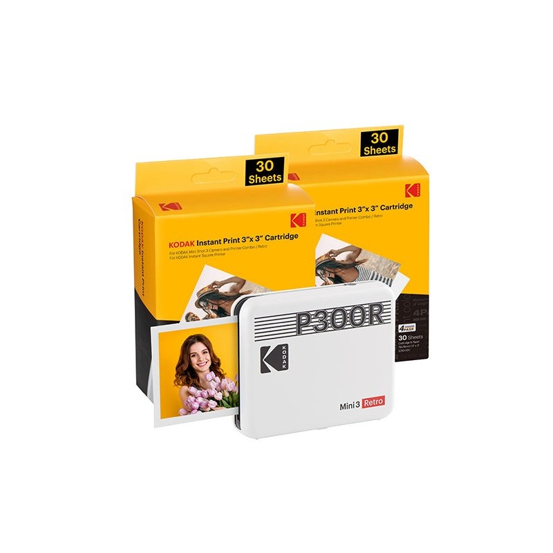 KODAK MINI 3 RETRO P300RW60 INSTANT PHOTO PRINTER BUNDLE 3X3 WHITE