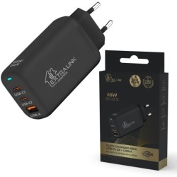 EXTRALINK SMART LIFE GAN CHARGER 65W, 2xUSB-C+USB-A, BLACK, CHARESL02