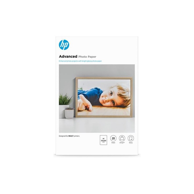 HP Advanced Photo Paper, Glossy, 250 g/m2, A3 (297 x 420 mm), 20 shee