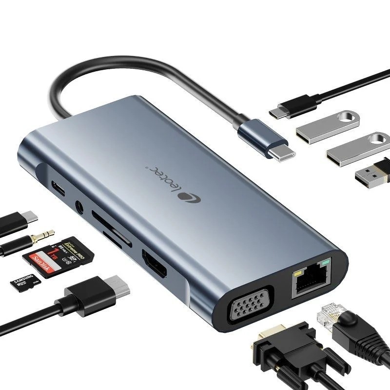 Leotec Adaptador 11 en 1 USB-C a 1xHDMI, 1xVGA, 1xRJ45, 3xUSB-A 3.0, 