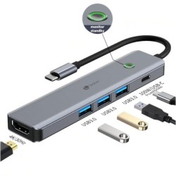 Leotec Adaptador 5 en 1 USB-C a 1xHDMI, 3xUSB-A 3.0, 1xPD 100W+USB-C 