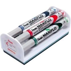 Pentel Maxiflo Confezione da 4 Pennarelli per Lavagna + Gomma Magneti