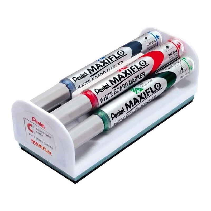 Pentel Maxiflo Confezione da 4 Pennarelli per Lavagna + Gomma Magneti