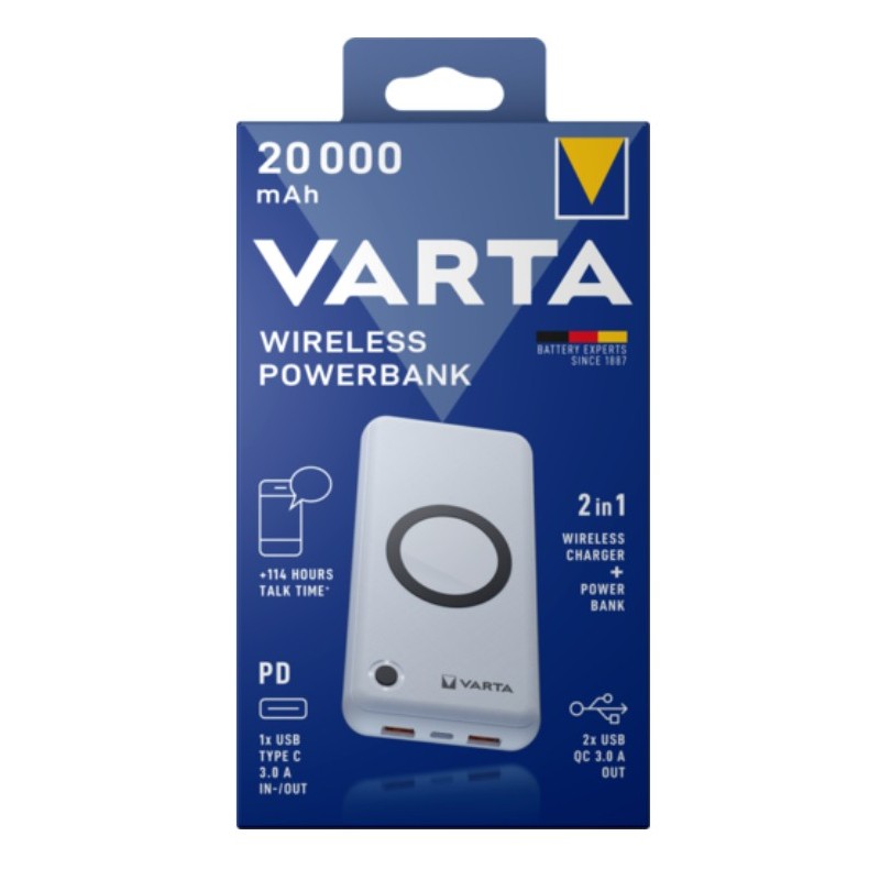 Power Bank induttivo Varta - 20000 mAh 74 Wh - 20 Watt - 3 porte di u