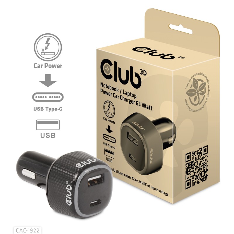 Caricabatteria da auto Club-3D 63 watt 12V USB-C/USB-A