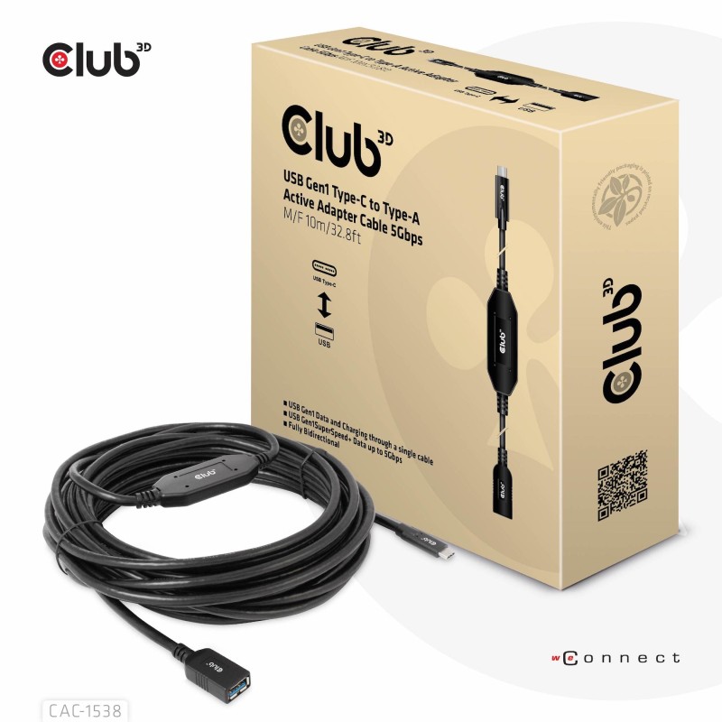 Club 3D USB 3.1 Gen 1 USB Type-C kabel 10m Sort