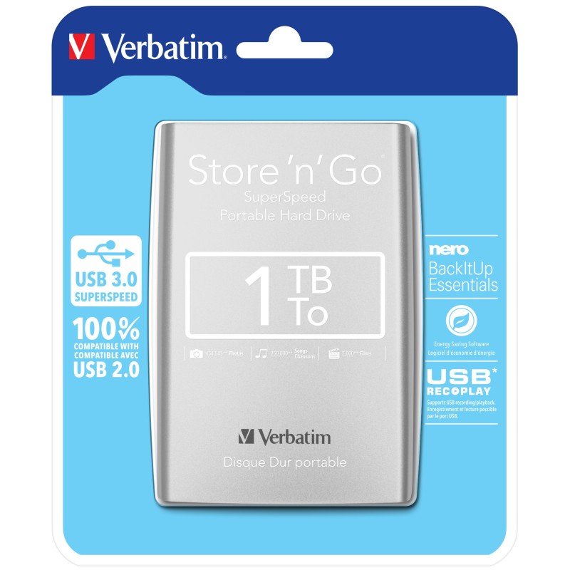 Verbatim Disco rigido portatile Store &#039;n&#039; Go USB 3.0 da 1 TB Argento 