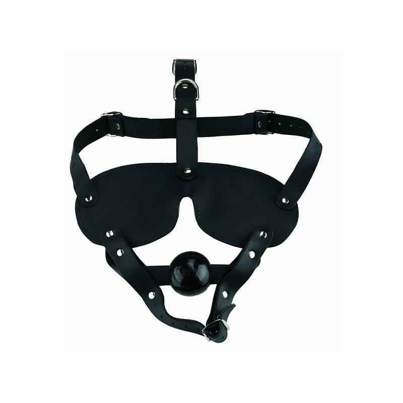 HEAD HARNESS BLINDFOLD, LEDERMASKE MIT MUNDKNEBEL, SCHWARZ