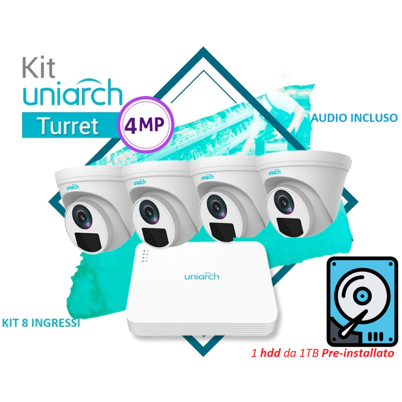 KIT UNIARCH 8 Canali PoE con 1 HDD installato 4 Turret 4MP