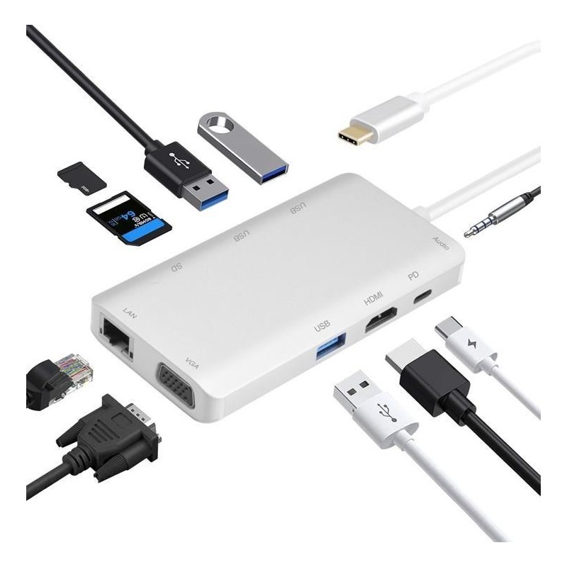 Helos Dockingstation, USB 3.1 Type-C St./HDMI/VGA/USB/LAN/AUDIO/SD,