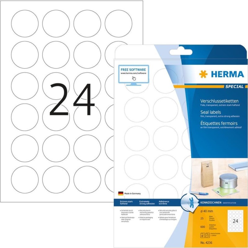 HERMA Folien-Etiketten Verschlu&Atilde;-Etik.Transp.40mm Run 40,0 x 40,0 