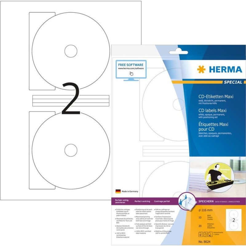 HERMA Special Maxi Uigennemsigtige CD/DVD-etiketter 116 mm rund 20eti