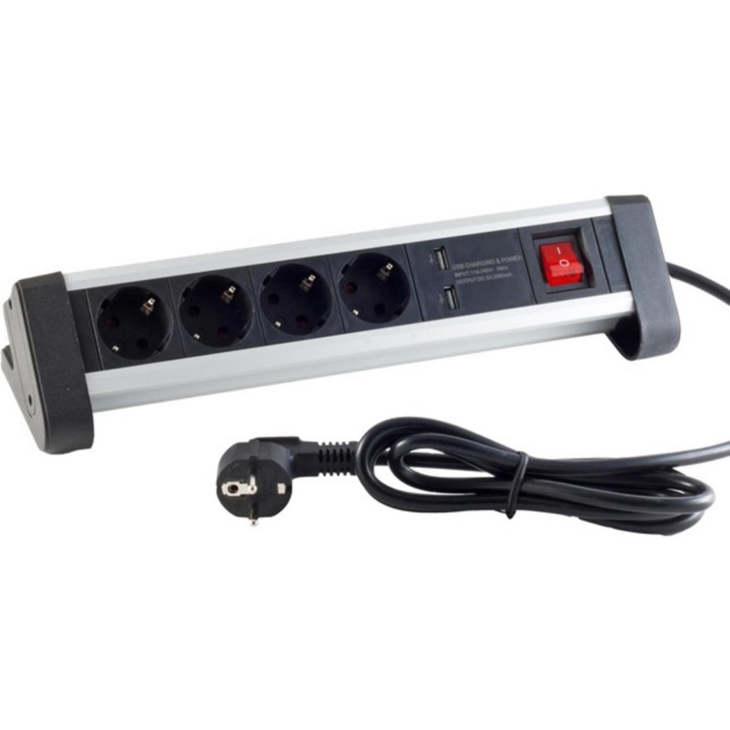 Helos Tischsteckdosenleiste DESK 4-fach, USB-Charger schwarz, 1,5m, m