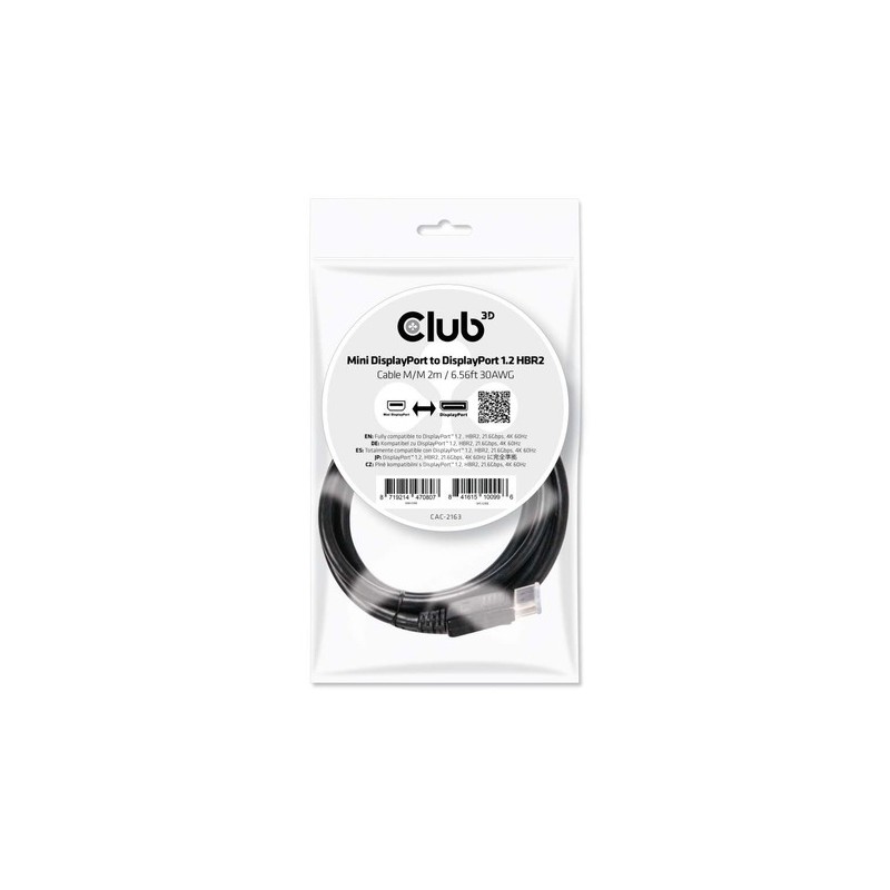 CLUB3D MINI DISPLAY PORT 12 MALE TO DISPLAY PORT MALE CABLE 2 METERS