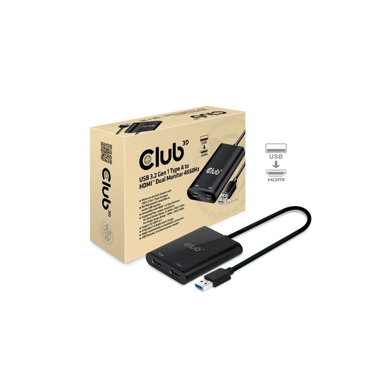 CLUB3D USB A to HDMI™ 20 Dual Monitor 4K 60Hz