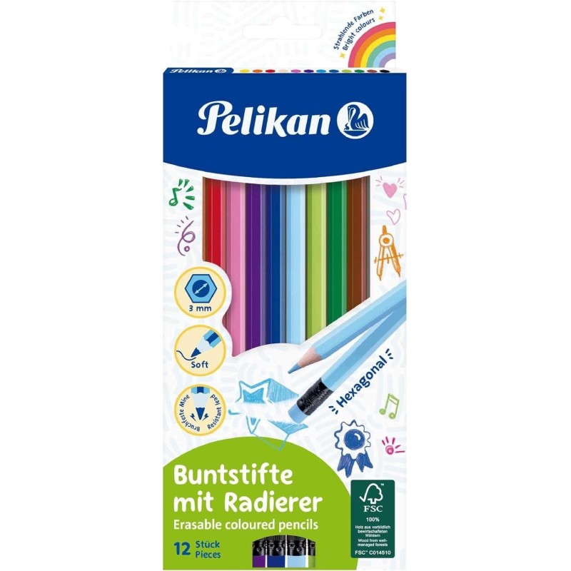 Pelikan Scatola da 12 Matite Colorate Cancellabili Esagonali - Con Go