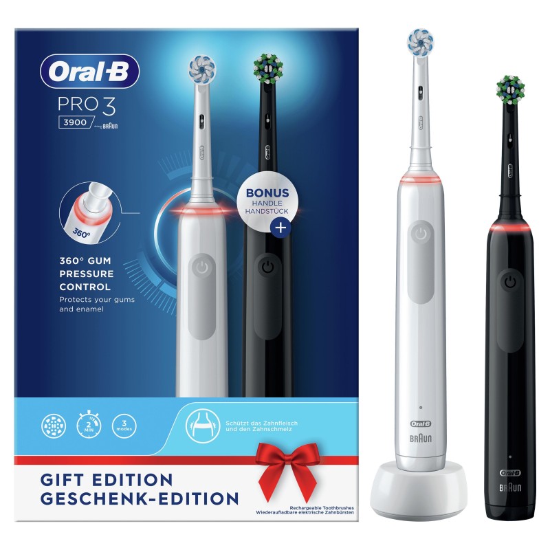 &acirc;&euro;&cent; Oral-B Aufsteckb. Pro 3 3900 bk/wh &acirc;&euro;&cent; mit 2. Handst&Atilde;&frac14;ck