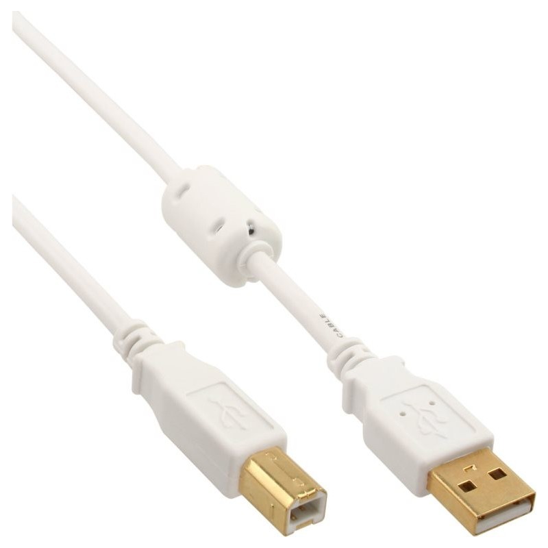 Cavo USB 2.0 - da A a B - bianco - oro - con nucleo in ferrite - 10 m