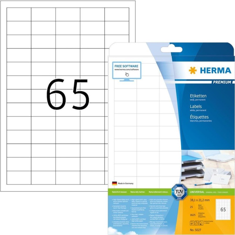 Etichette HERMA Premium A4, carta bianca 38 1x21,2 mm opaca 1625 pezz