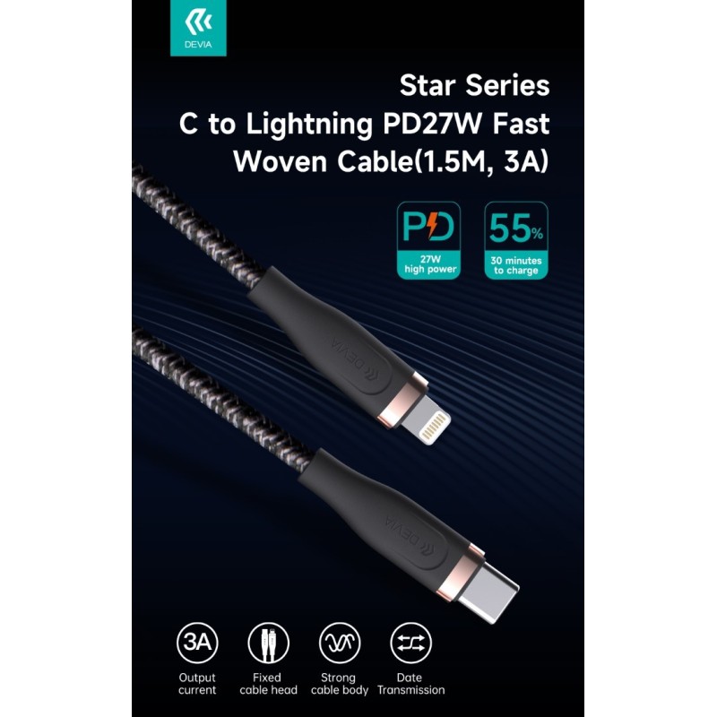 Cavo Intrecciato da C a Lightning 27W 3A 15 Metri PD Nero