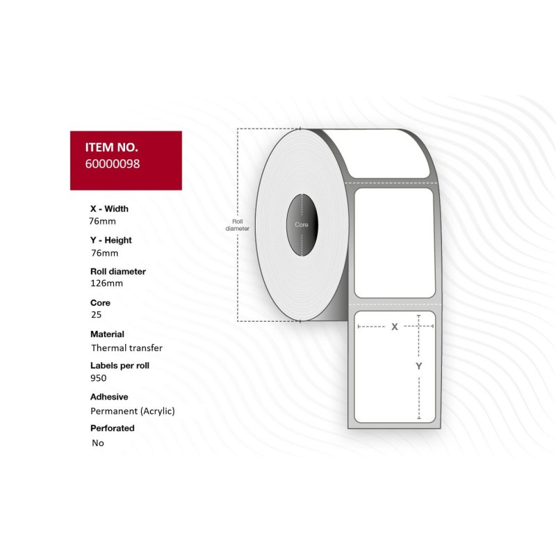 Label 76x76 - Core 25. - Thermal Transfer, Permanent. - 950 labels pe