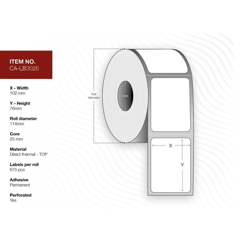 Label 102x76, Core 25, - Diameter 114 mm. Thermal - print. Top coated