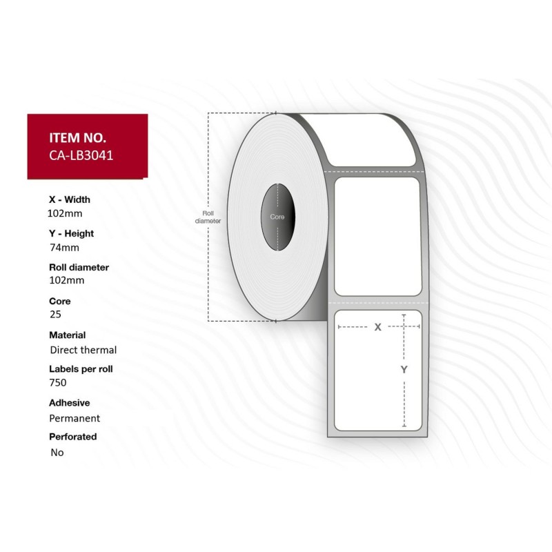 Label 102x74, Core 25, - Diameter 102 mm. Thermal - print. Uncoated. 