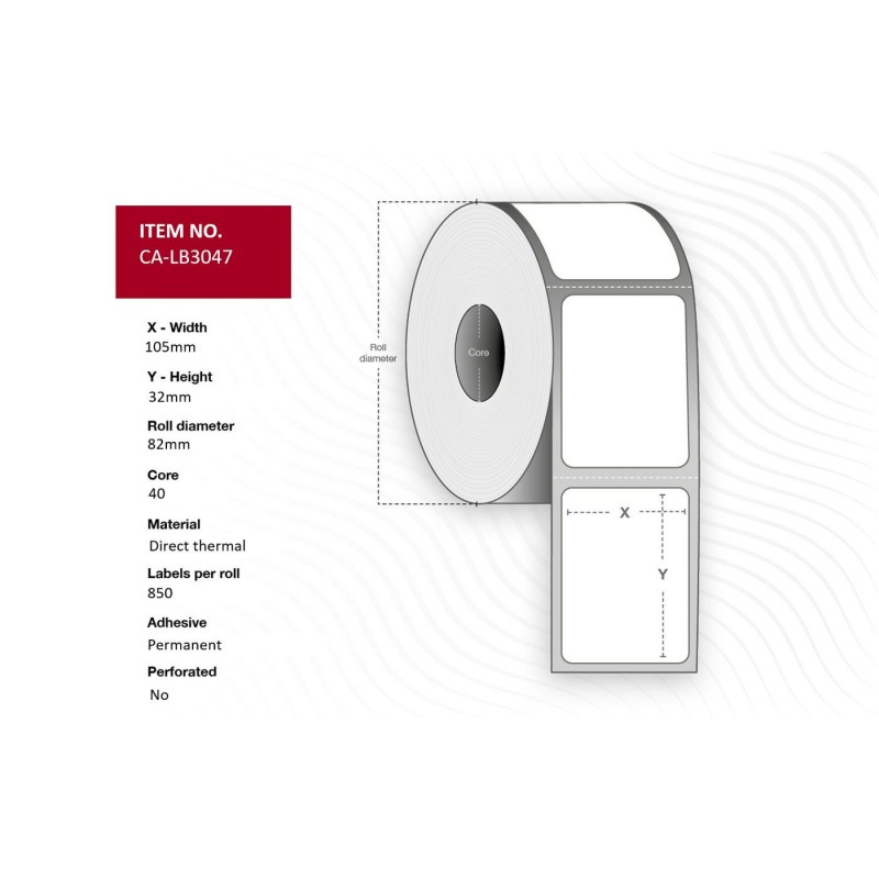 Label 105x32, Core 40, - Diameter 82 mm. Thermal - print. Top coated.