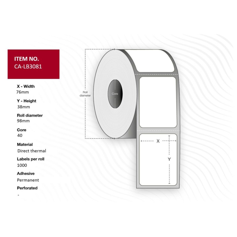 Label 76x38, Core 40, - Diameter 98 mm. Thermal - print. Top coated. 