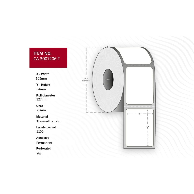 Label 102 x 64mm Core 25mm, - Thermal Transfer, Coated, - Permanent, 