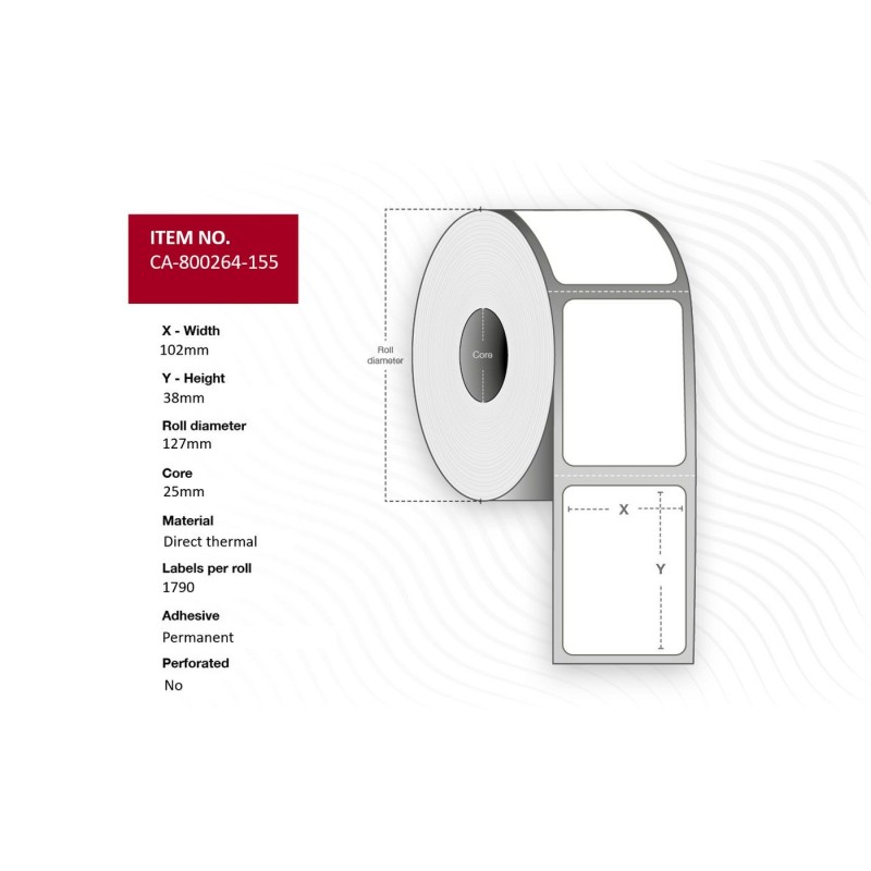 Label 102x38mm Core 25 - Direct Thermal Permanent - 1790 labels p