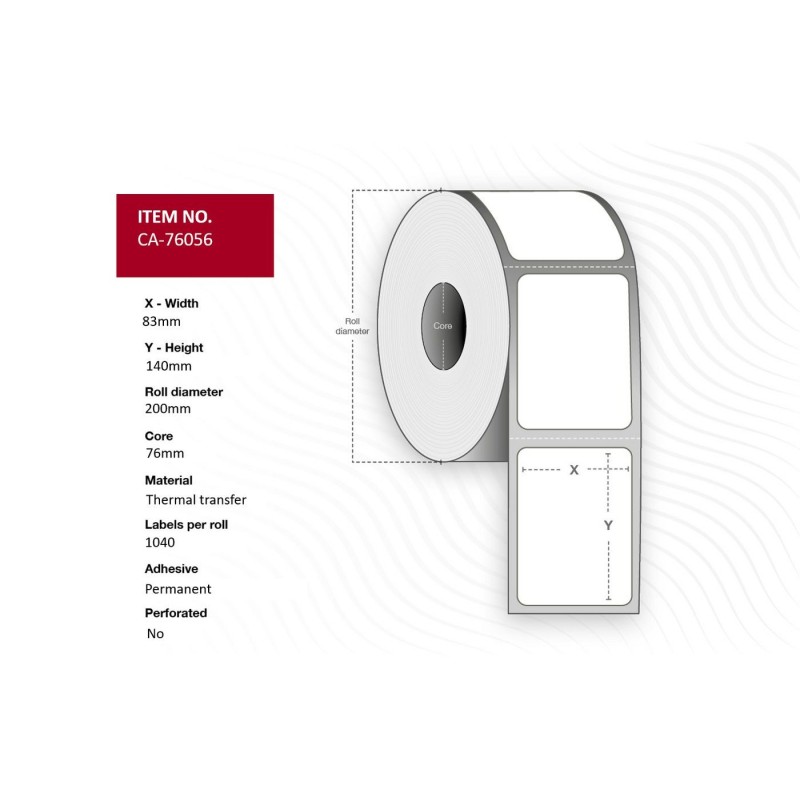 Label 83 x 140mm, Core 76mm. - Thermal Transfer, Coated, - Permanent,