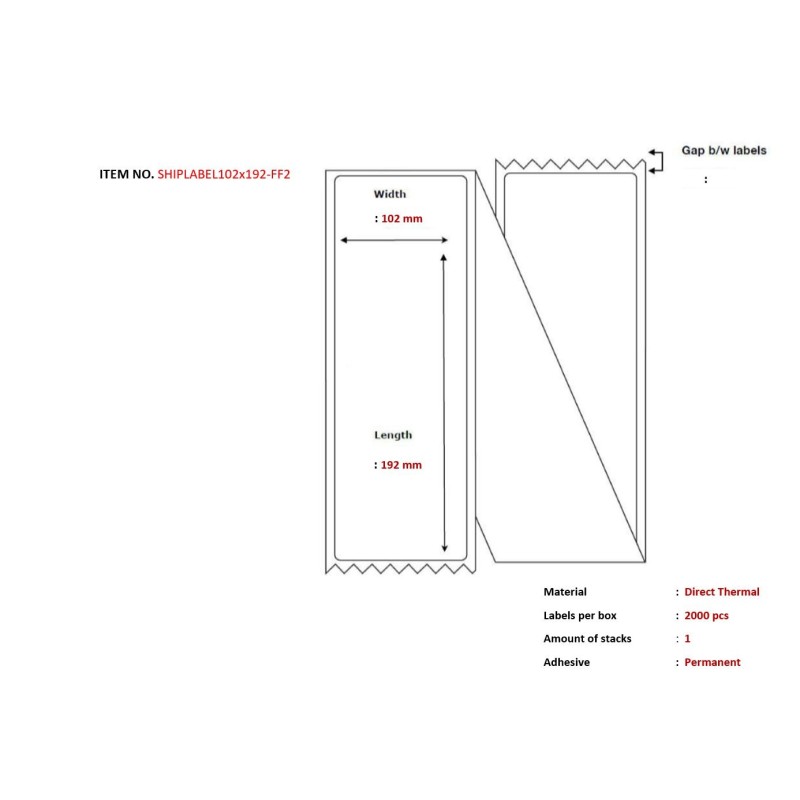 Ship-label 102 x 192mm, - Fanfold. Direct Thermal, 2000 - labels per 