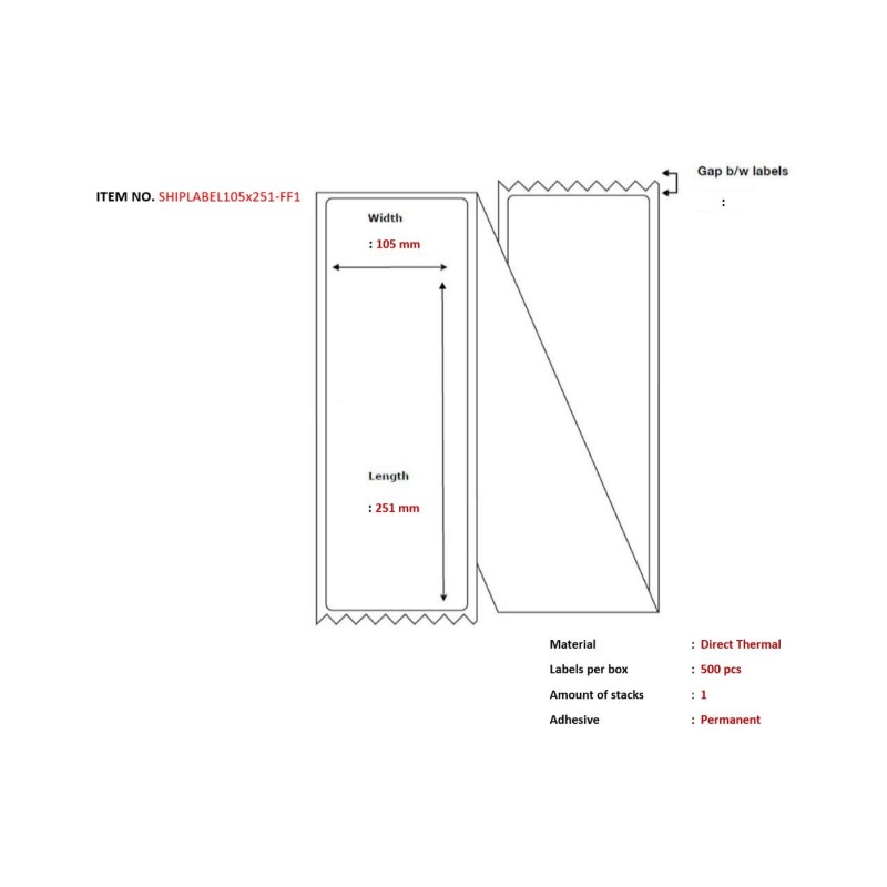 Ship-label 105 x 251mm - Fanfold. Direct Thermal 500 - labels per box