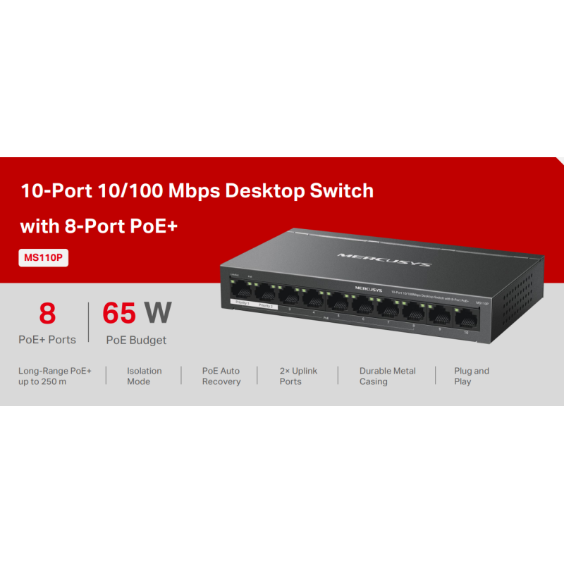 Switch Desktop 10 porte 10/100 PoE+ - Mercusys MS110P