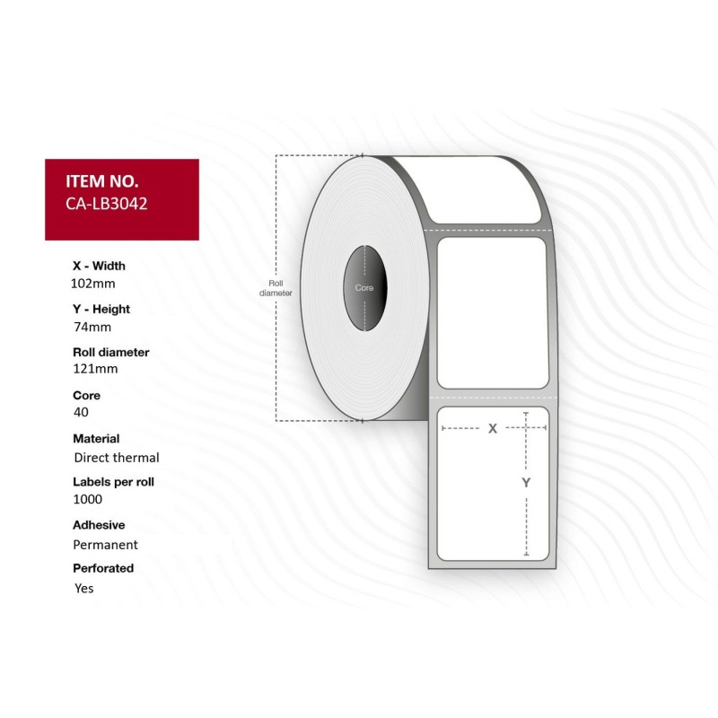 Label 102x74, Core 40, - Diameter 121 mm. Thermal - print. Top coated