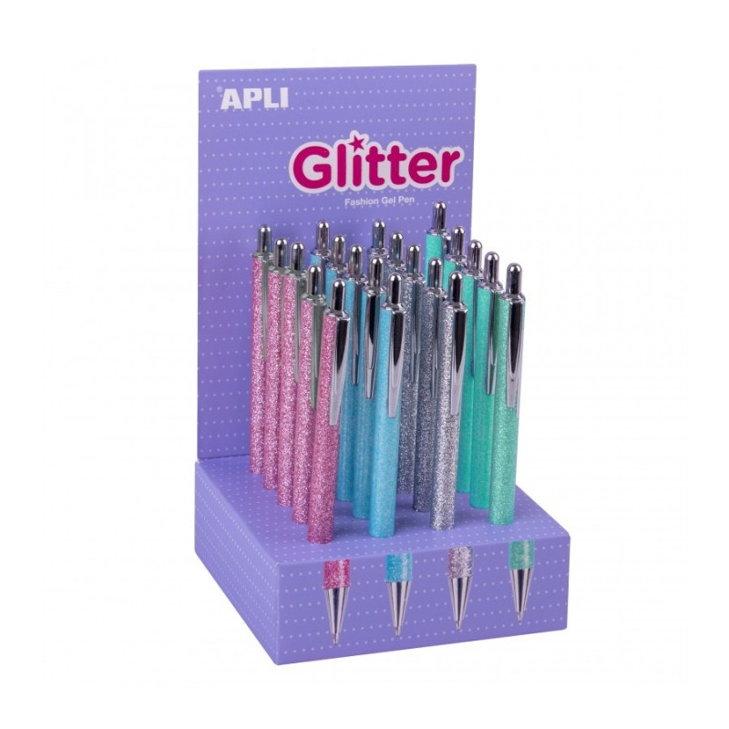 APLI Glitter Expositor di 20 boligrafi in metallo - inchiostro olio -