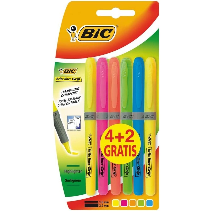 Bic Brite Lier Grip 4+2 pacco di 6 marcatori fluorescenti - inchiostr